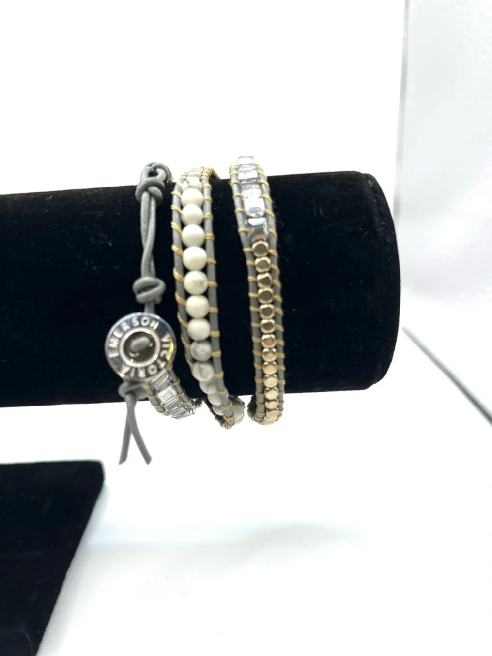 Victoria Emerson White and Gold Multi-Strand Wrap Bracelet Gray Leather